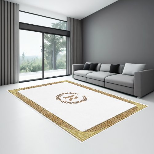 Greek Key Laurel Wreath Personalized Initial WHITE Rug