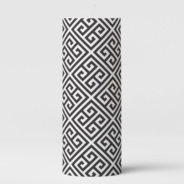 Greek Key Meander Geometric Black Pattern Pillar Candle (Front)