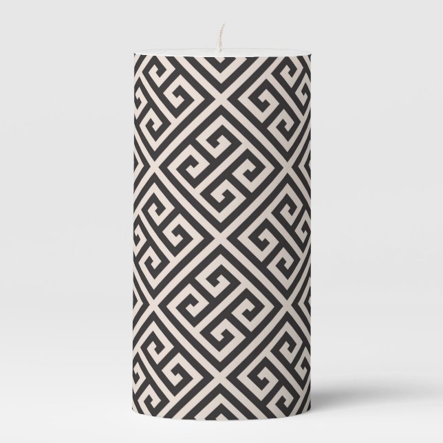 Greek Key Meander Geometric Light Beige Black Pillar Candle (Front)