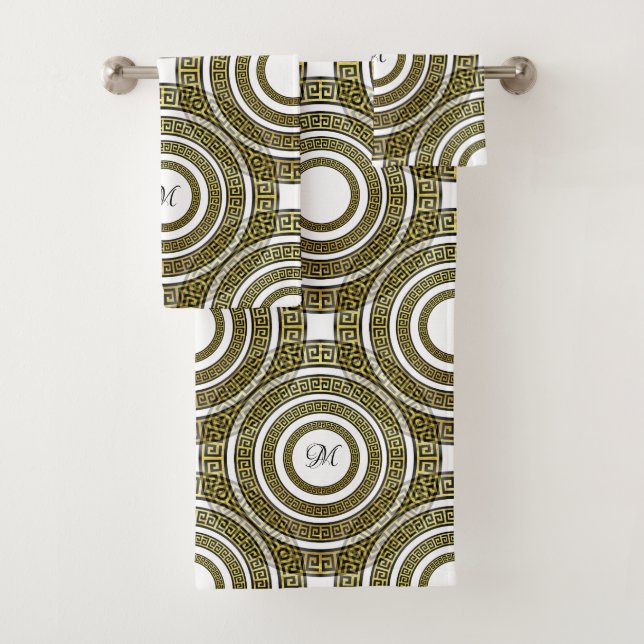 Greek Key Meander in Geometric Pattern Monogram Bath Towel Set (Insitu)