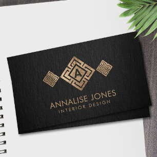 Greek Key Meander Monogram Gold on Black Business Card