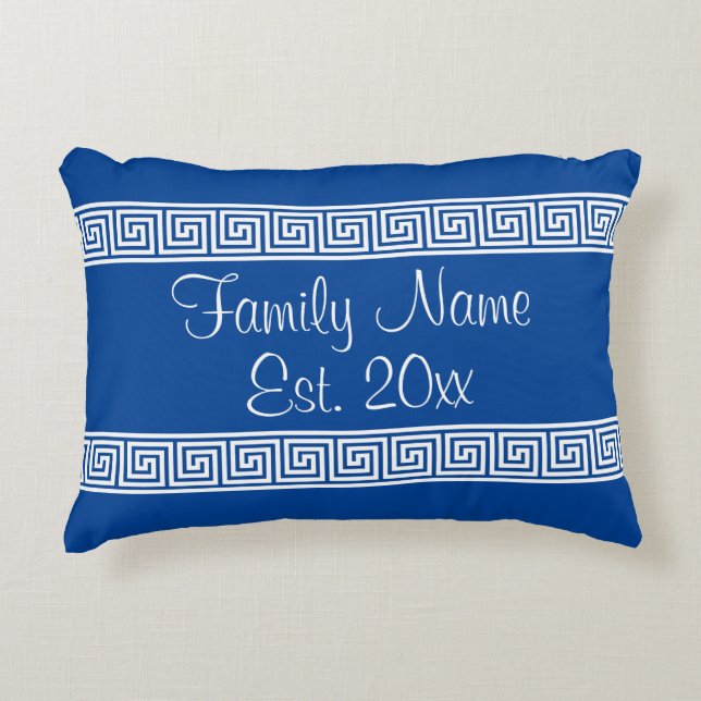 Greek key meander pattern custom family name accent pillow (Front)