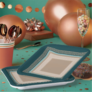 Greek Key - Meander - Taupe and Green Paper Plates