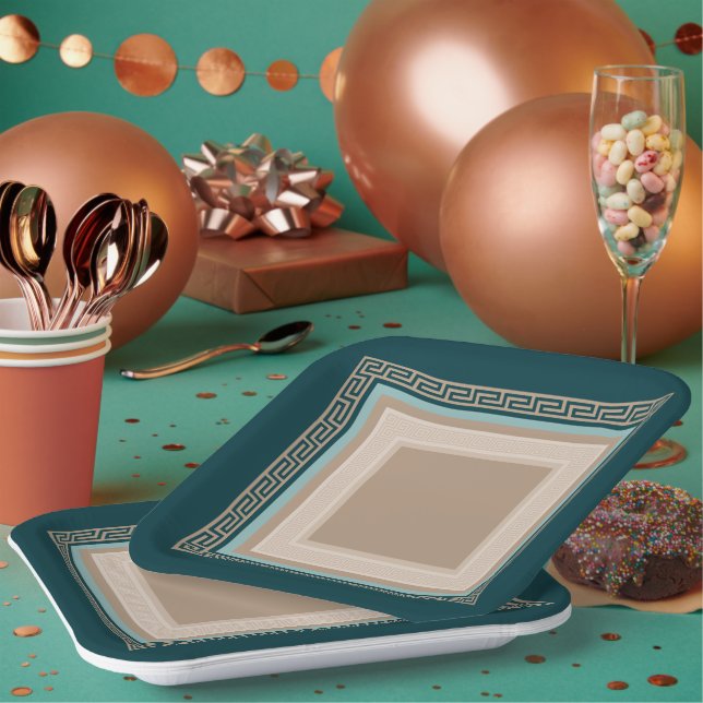 Greek Key - Meander - Taupe and Green Paper Plates (Multi)