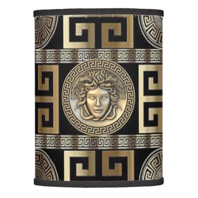 Greek Key MEDUSA with Gold and Grey over Black Lamp Shade (Front)