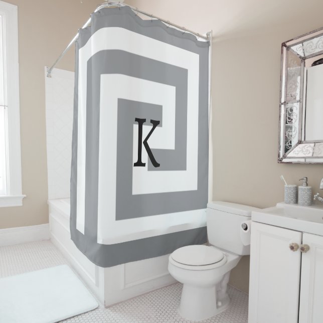 Greek Key Monograms Grey Gray Black White Patterns Shower Curtain (In Situ)