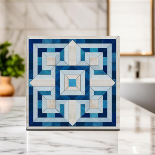 Greek Key Mosaic _ Travertine and Blue Marble Ceramic Tile