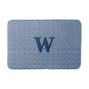 Greek Key, navy blue and white Bathroom Mat