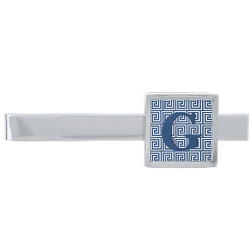 Greek Key navy blue and white Silver Finish Tie Clip