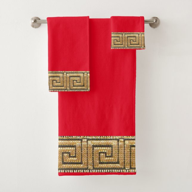 Greek Key of Life Meander River Symbol Golden Bath Towel Set (Insitu)