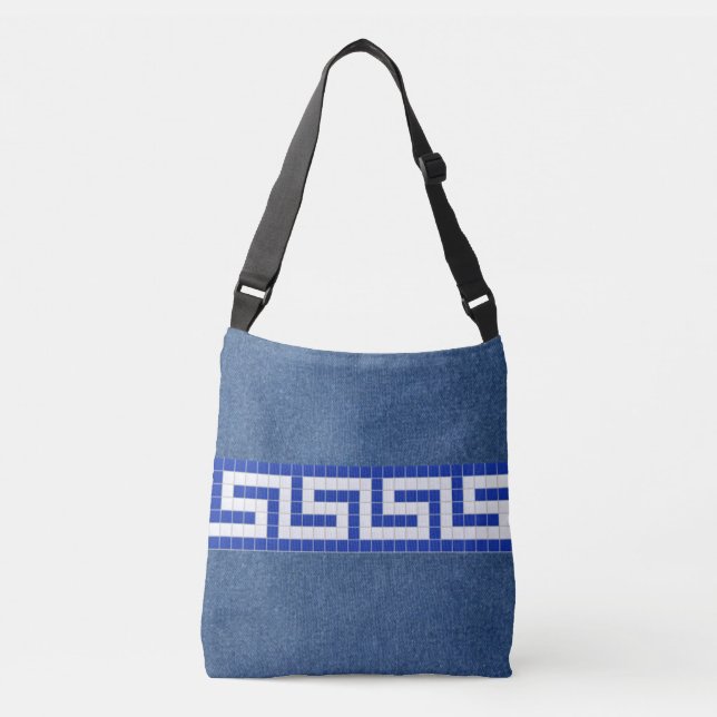 Greek Key on Faux Denim Crossbody Bag (Front)