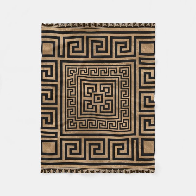 Greek Key Ornament - Greek Meander -Black on gold Fleece Blanket (Front)