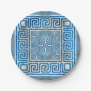 Greek Key Ornament - Greek Meander - Blue Marble Paper Plates