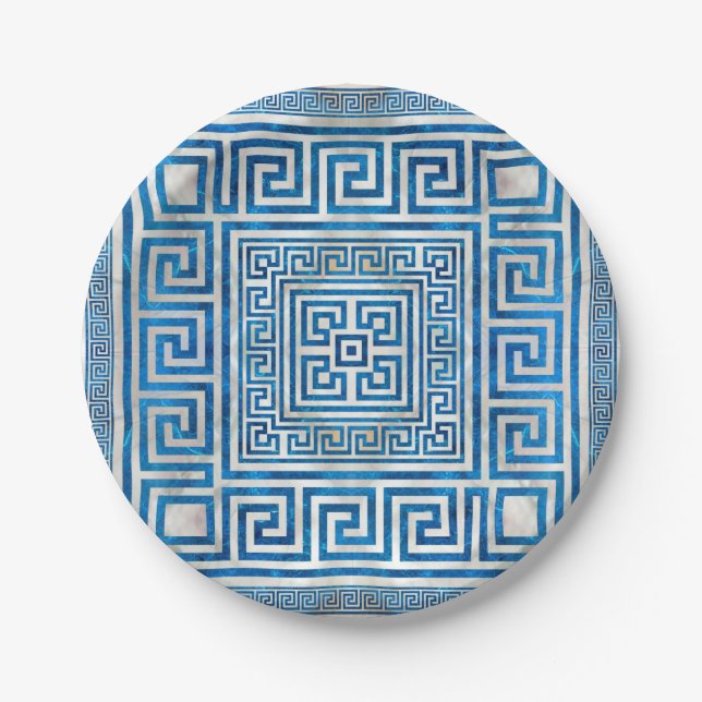 Greek Key Ornament - Greek Meander - Blue Marble Paper Plates (Front)