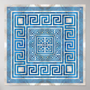 Greek Key Ornament - Greek Meander - Blue Marble Poster