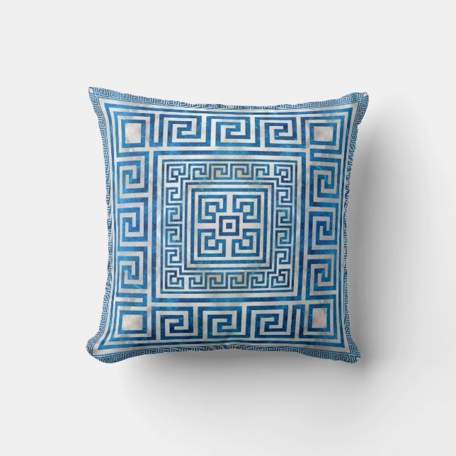 Greek Key Ornament - Greek Meander - Blue Marble Throw Pillow (Front)