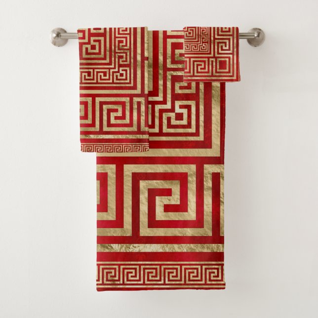 Greek Key Ornament - Greek Meander - Deep Red Bath Towel Set (Insitu)