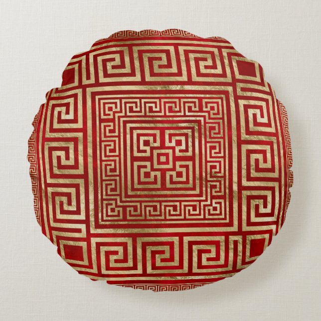 Greek Key Ornament - Greek Meander - Deep Red Round Pillow (Front)