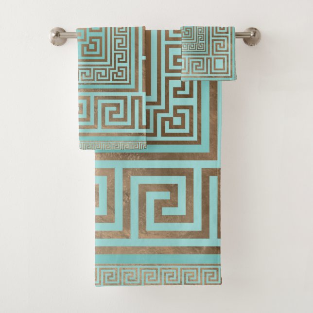 Greek Key Ornament - Greek Meander - Gold and Mint Bath Towel Set (Insitu)