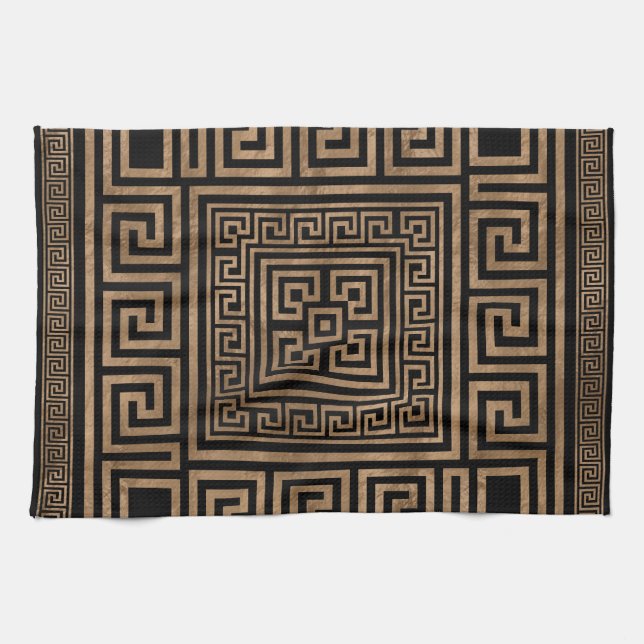 Greek Key Ornament - Greek Meander -Gold on Black Kitchen Towel (Horizontal)