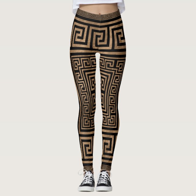 Greek Key Ornament - Greek Meander -Gold on Black Leggings (Front)