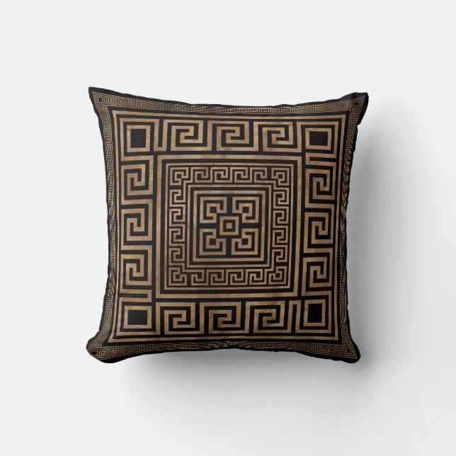 Greek Key Ornament - Greek Meander -Gold on Black Throw Pillow (Front)