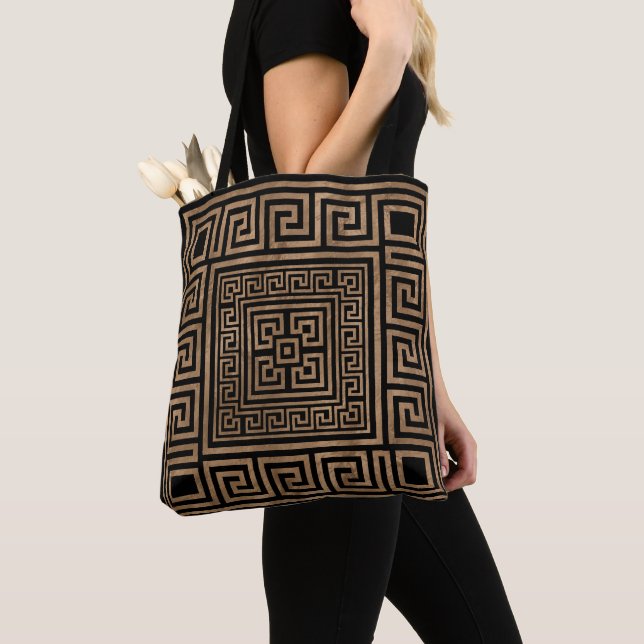 Greek Key Ornament - Greek Meander -Gold on Black Tote Bag (Close Up)