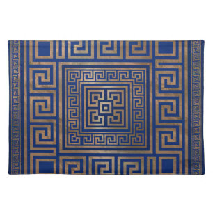 Greek Key Ornament - Greek Meander -gold on blue Cloth Placemat