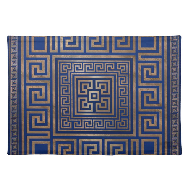 Greek Key Ornament - Greek Meander -gold on blue Cloth Placemat (Front)