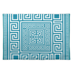 Greek Key Ornament - White on teal Cloth Placemat