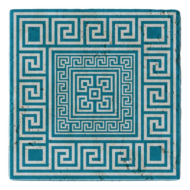 Greek Key Ornament - White on teal Trivet (Front)
