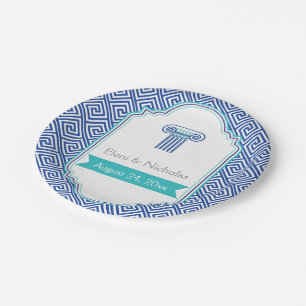Greek key pattern and aqua blue column wedding paper plates