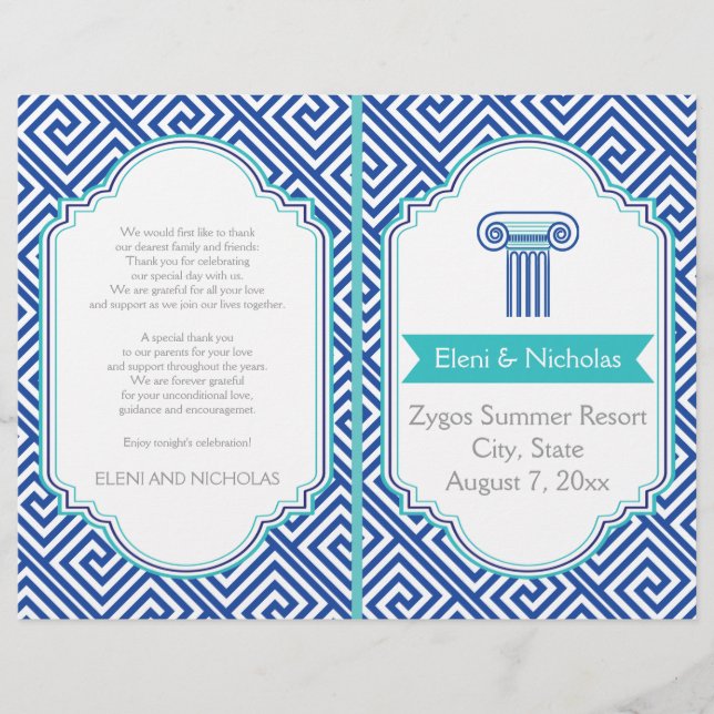 Greek key pattern and blue column wedding program (Front)