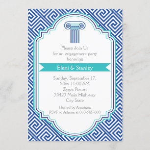 Greek key pattern & blue column engagement party invitation