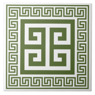 Greek Key Pattern Dark Olive Green Ceramic Tile