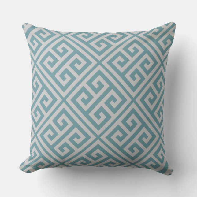 Greek Key Pattern Pillow Dusky Blue & Gray (Front)