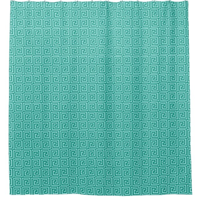 Greek Key Pattern, Turquoise and Aqua Shower Curtain (Front)