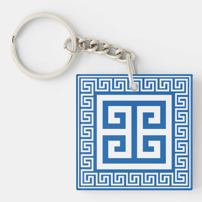 Greek Key Pattern White And Blue Design Keychain (Front)