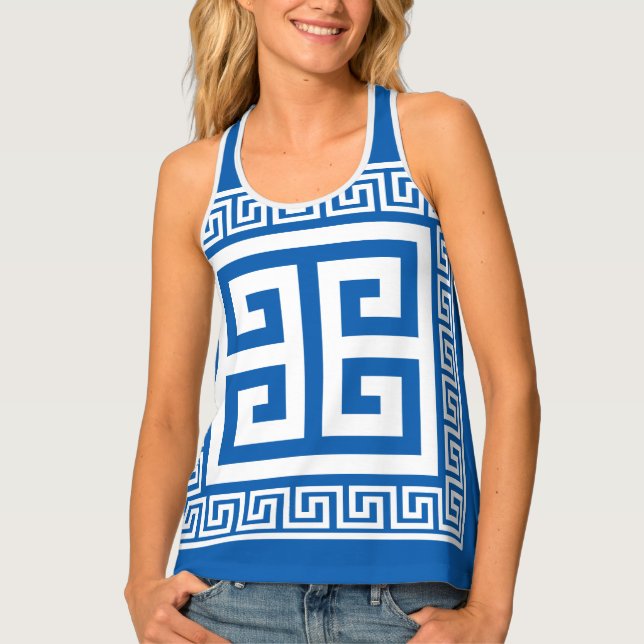 Greek Key Pattern White And Blue Design Tank Top (Front)