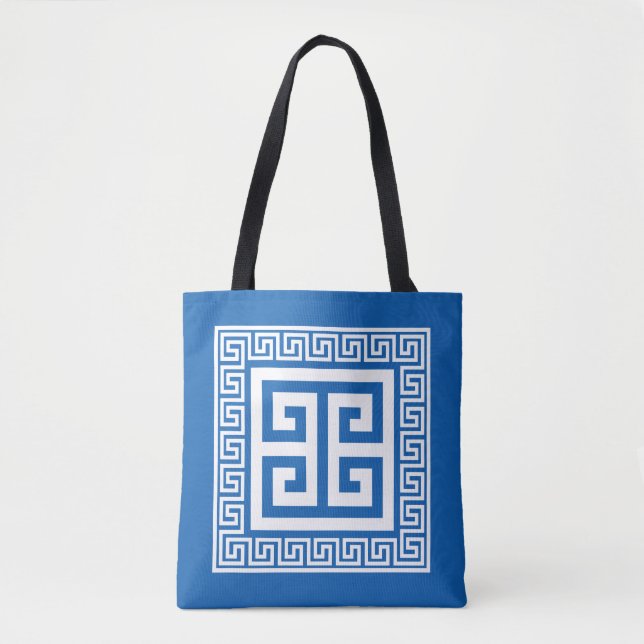 Greek Key Pattern White And Blue Design Tote Bag (Front)