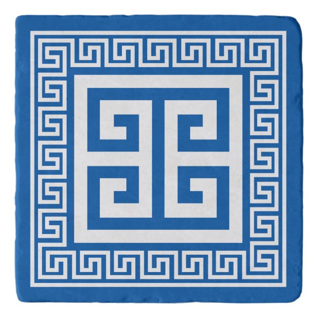 Greek Key Pattern White And Blue Design Trivet (Front)