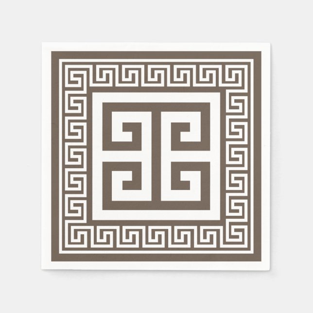 Greek Key Pattern White And Brown Paper Napkins (Front)