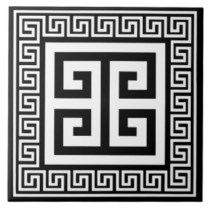 Greek Key Pattern White On Black Design Ceramic Tile