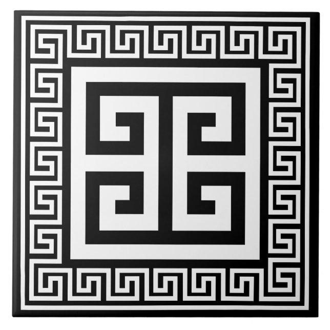 Greek Key Pattern White On Black Design Ceramic Tile (Front)