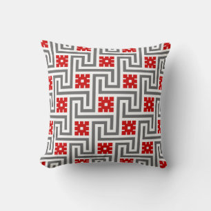 Greek Key, Red, White and Grey / Gray Throw Pillow