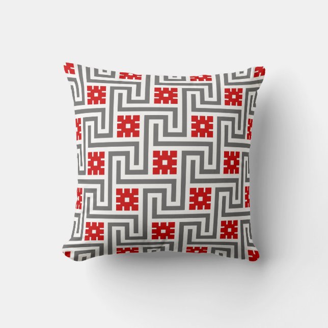 Greek Key, Red, White and Grey / Gray  Throw Pillow (Front)