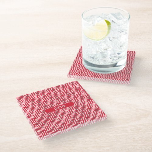 Greek Key Red White Minimal Pattern Glass Coaster