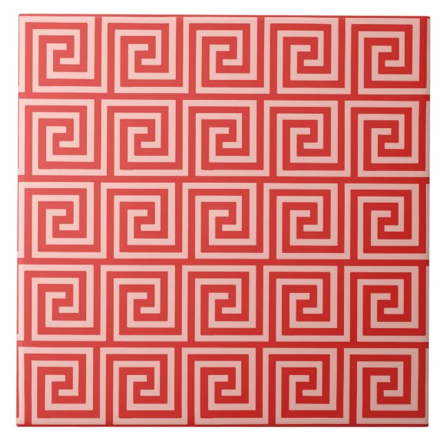 Greek Key, shades of coral pink Ceramic Tile (Front)
