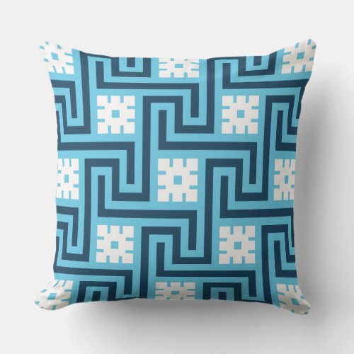 Greek Key Sky Blue Navy and White Outdoor Pillow