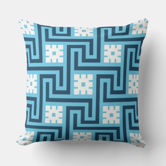 Greek Key, Sky Blue, Navy and White Outdoor Pillow (Front)